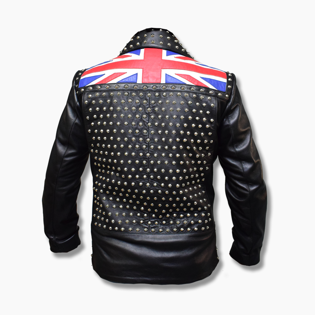 Men's UK Flag Punk Brando Vintage Full Silver Spiked Studded Leather Jacket