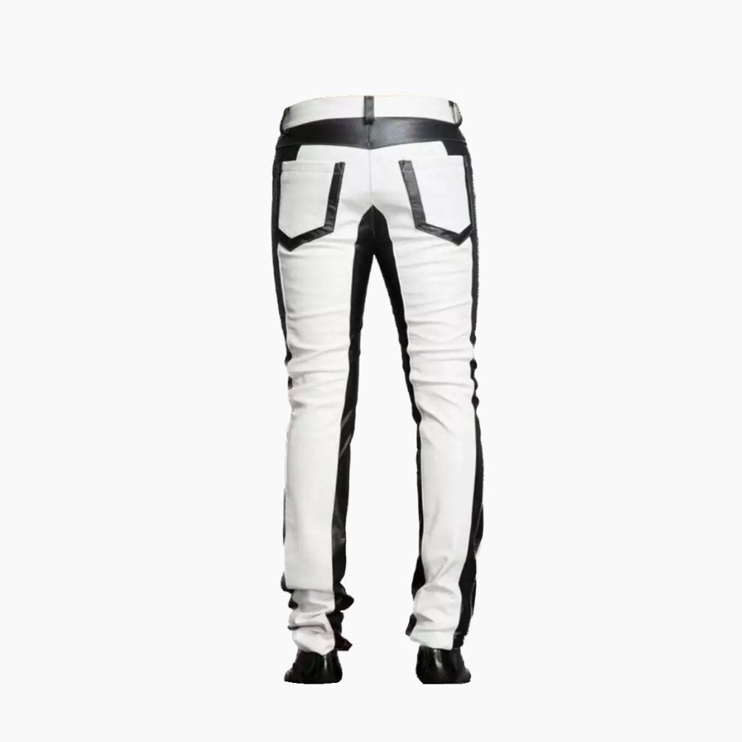 Pantalones de diseñador de dos tonos de cuero genuino para hombre Paneles blancos y negros