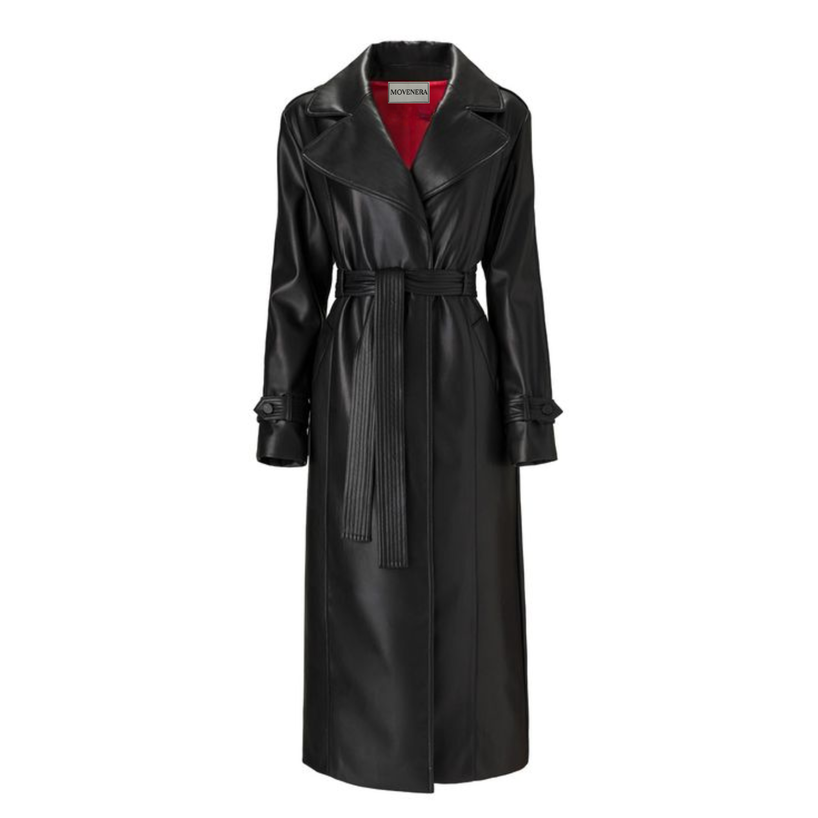 Shop our black genuine leather long coat for men and women, featuring a lapel collar and adjustable waist belt. This timeless full-length leather coat offers durability and classic style for years to come. Perfect for those seeking affordable, vintage-inspired long leather coats. Custom sizing available at Movenera!