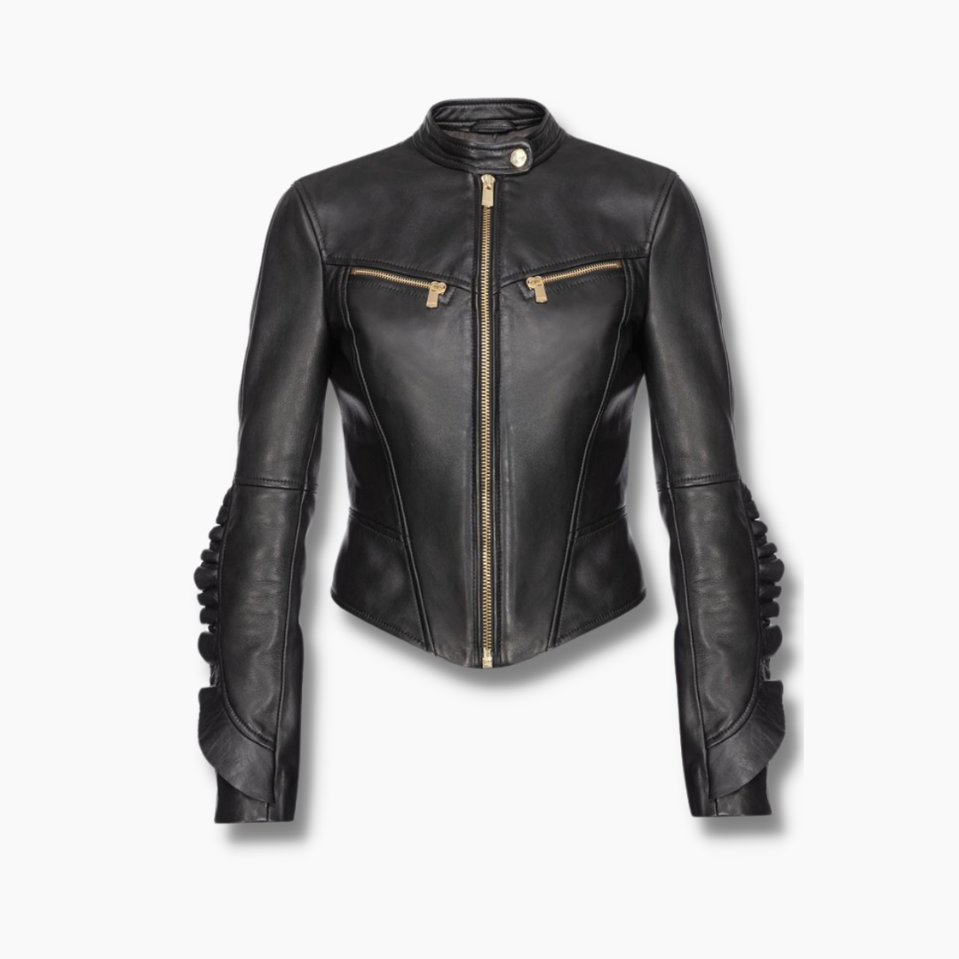 Mamie Black Leather Ruching Biker Jacket
