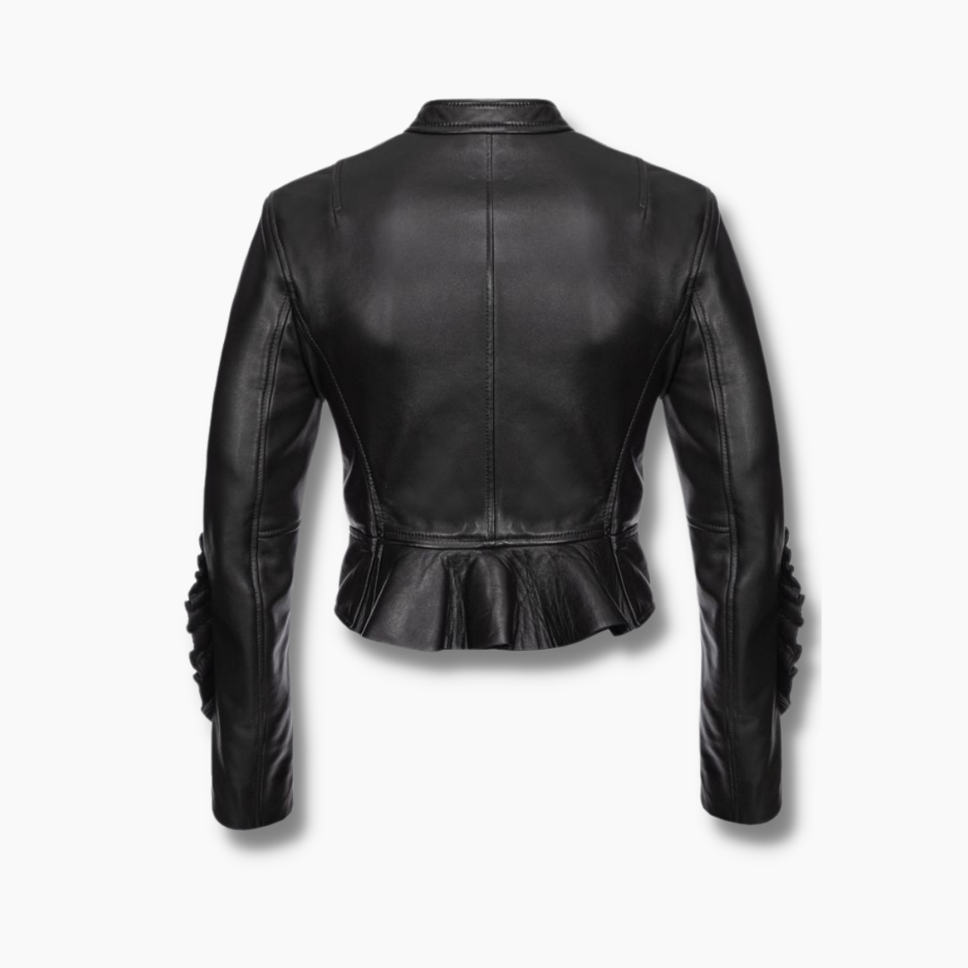 Mamie Black Leather Ruching Biker Jacket