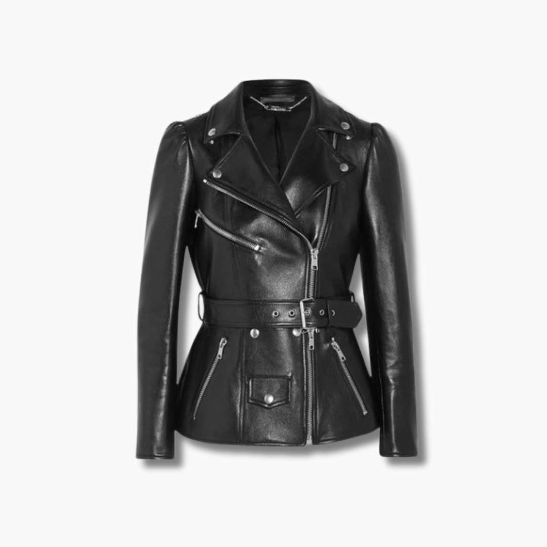womens black leather biker jacket designer