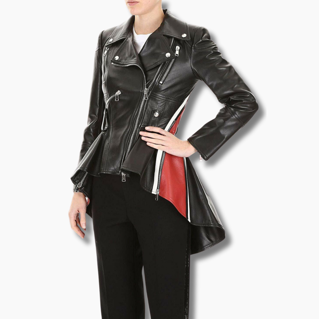 Black Leather Peplum Jacket with red and white stripes