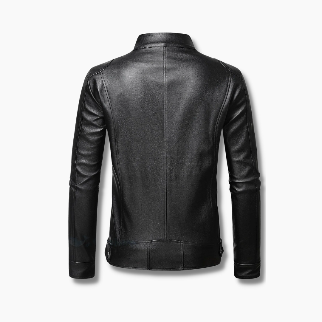 black leather biker jacket round neck