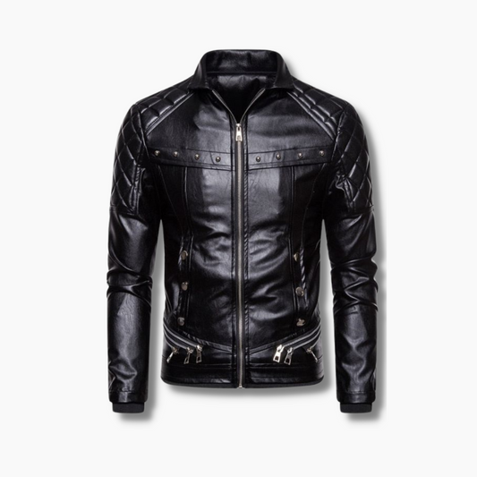 black leather silver studs biker jacket for men