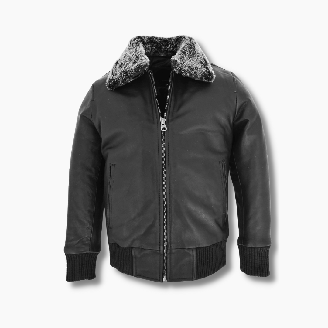 Mens Genuine Leather Bomber Jacket with Detachable Collar Black