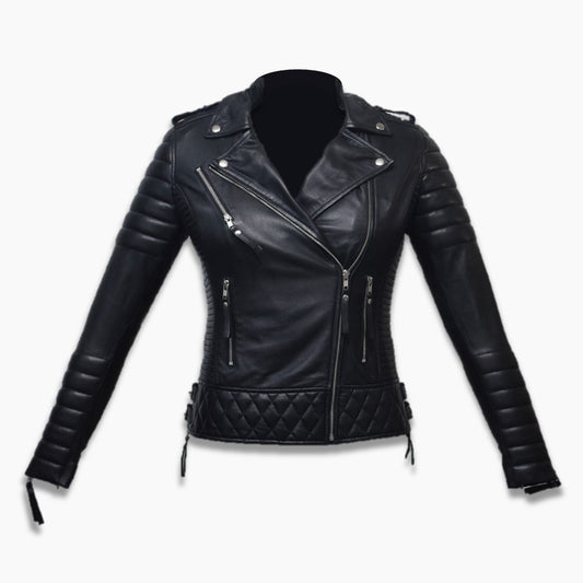 Women's Real Black Leather Motorcycle Biker Jacket