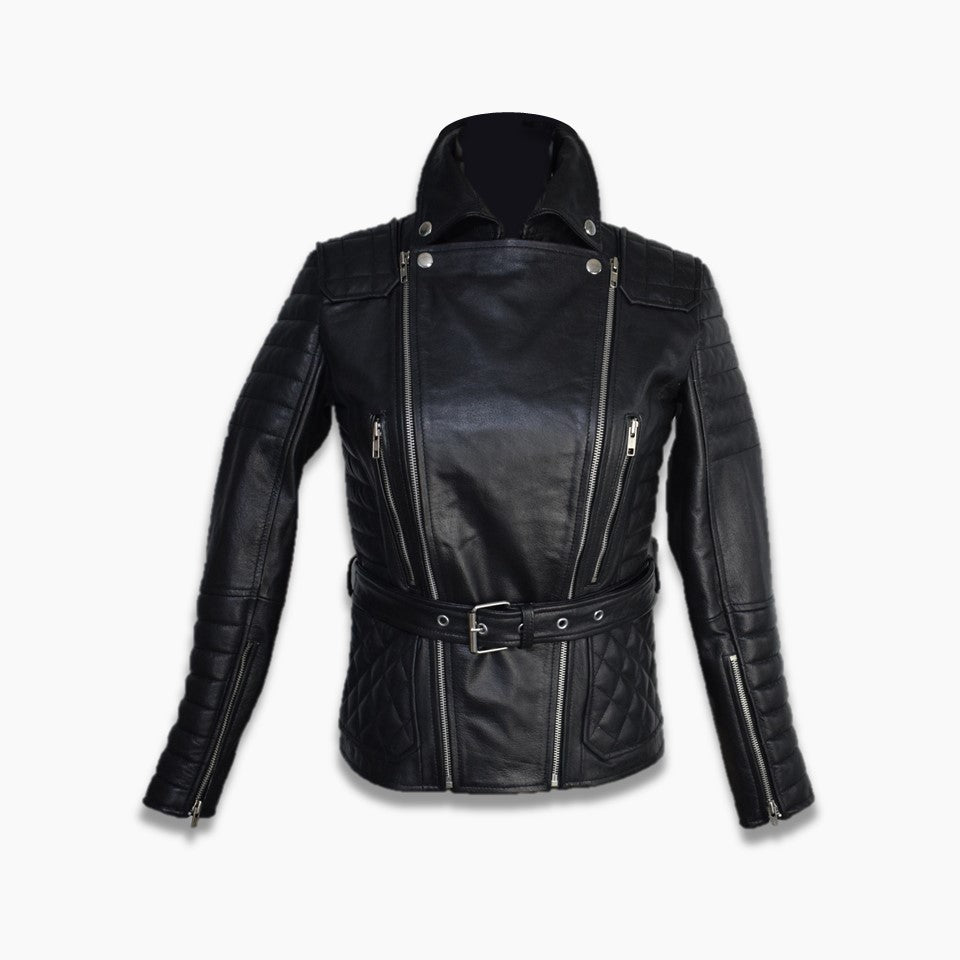 Women's Black Leather Quilted Motorcycle Biker Jacket