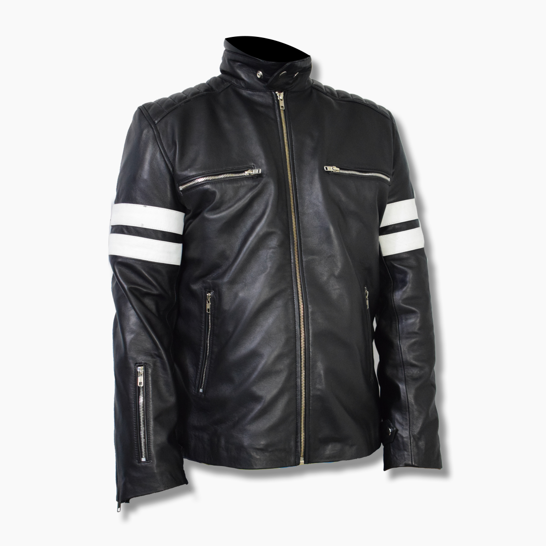 men's jacket mayhem tanner jacket white striped black leather motorcycle jacket.