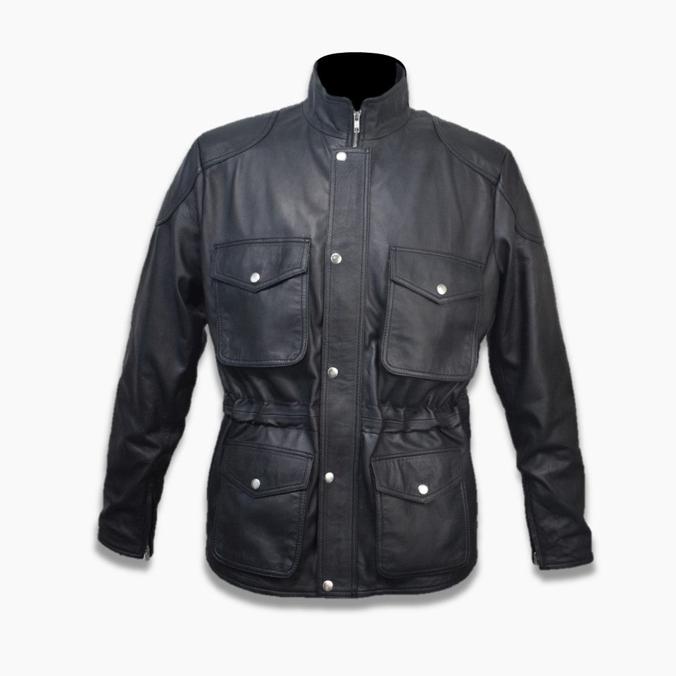 Denzel Black Leather Military Field Jacket