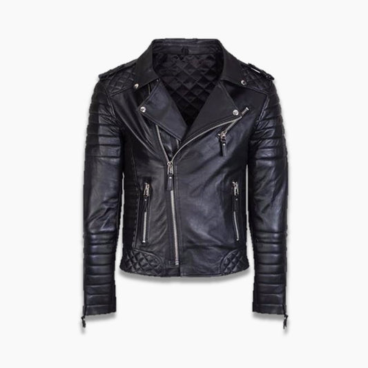 black leather quilted motorcycle jacket