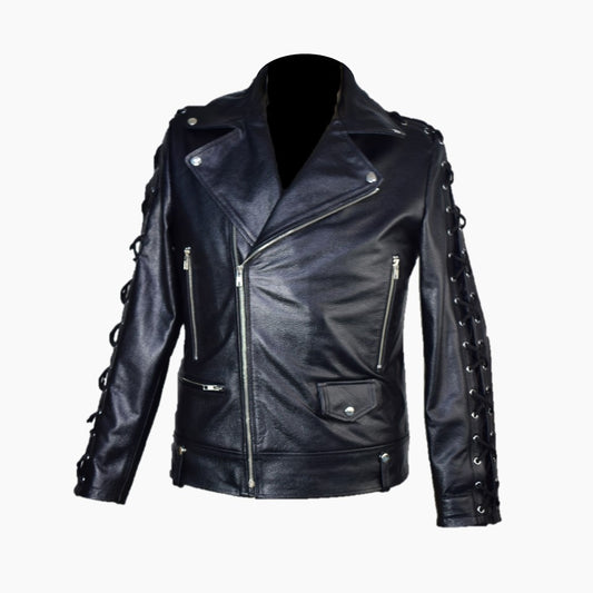 New Handmade Men's Real Leather Bikers Laces Up Jacket Cowhide Leather Bikers Jacket Black