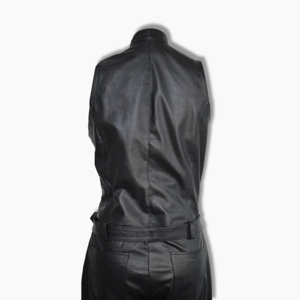 Black leather sleeveless jumpsuit back