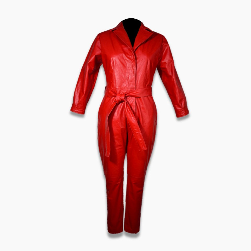 Michelle Red Leather Belted Catsuit