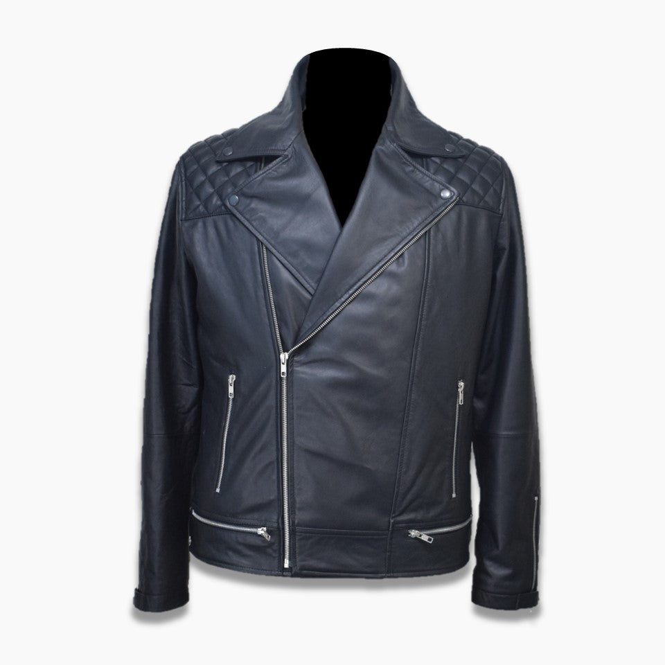 Real Leather Celebrity Leather Jacket With Quilted Shoulder And Zipper Fastening Front Jacket