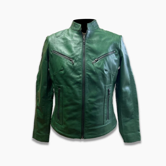 Carly Bottle Green Leather Jacket