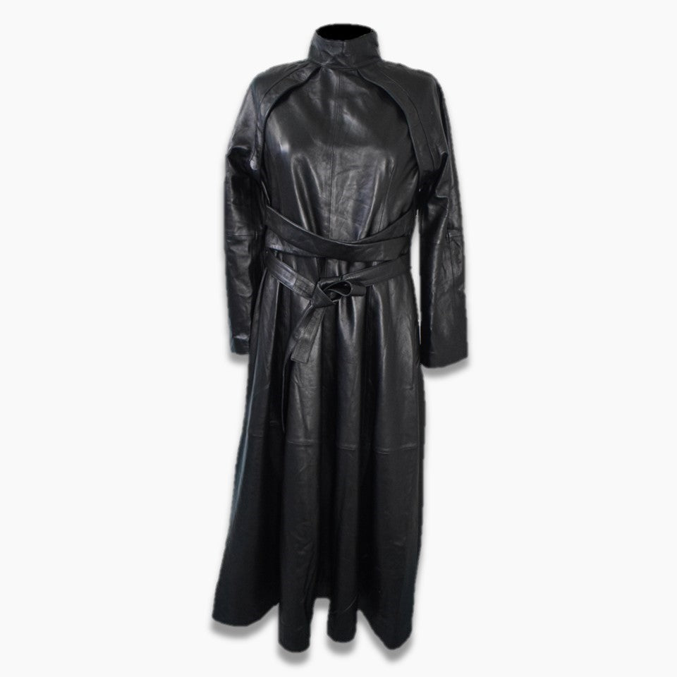 long coat in black color with belted front for women 
