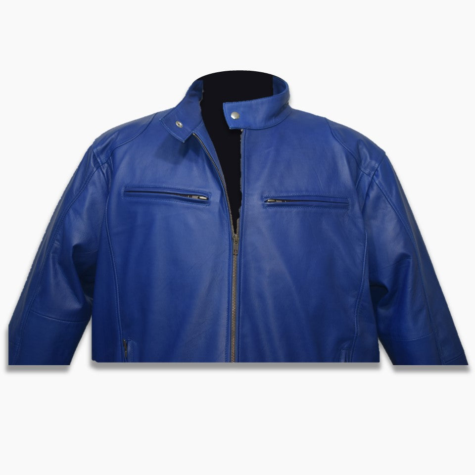 zipper closure leather jacket in blue color