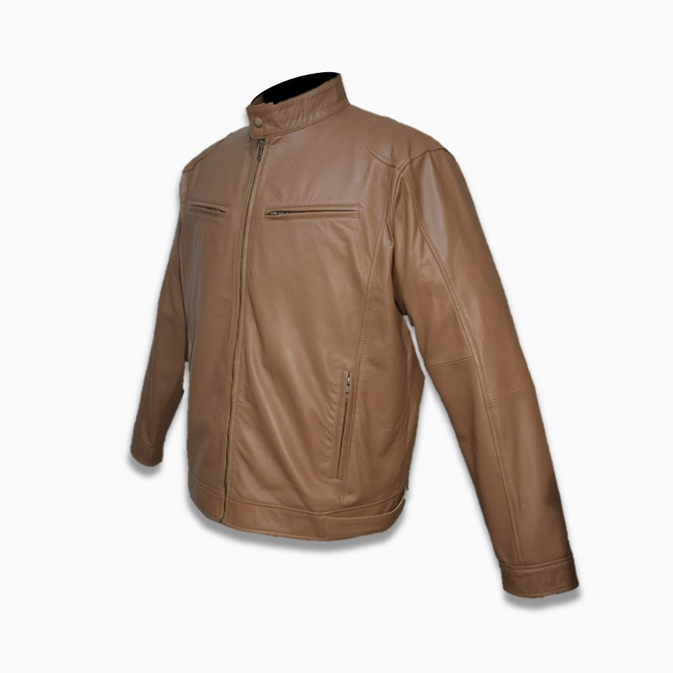 body pockets and chest pocket on brown leather biker jacket with banned collar
