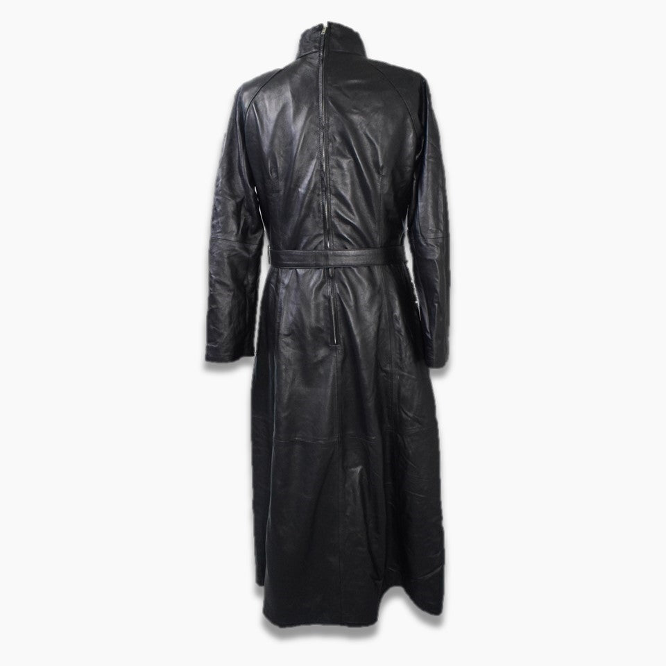 black leather long coat from back for women