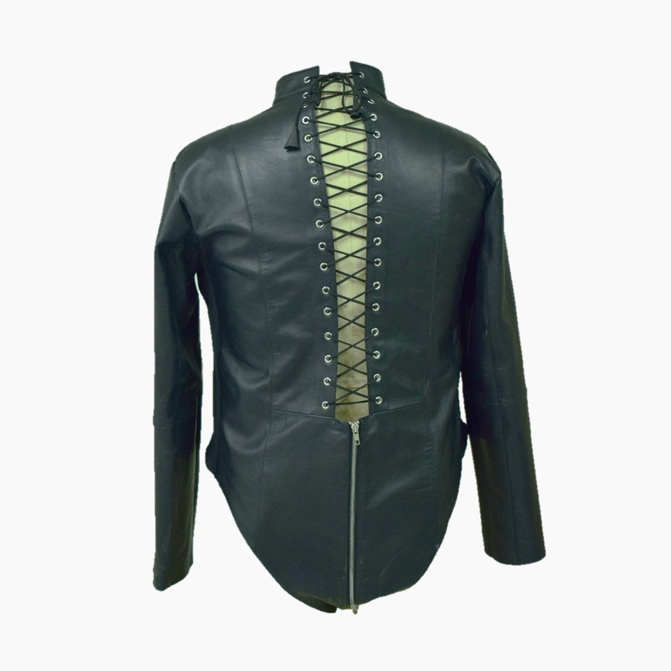 black leather corset bodysuit