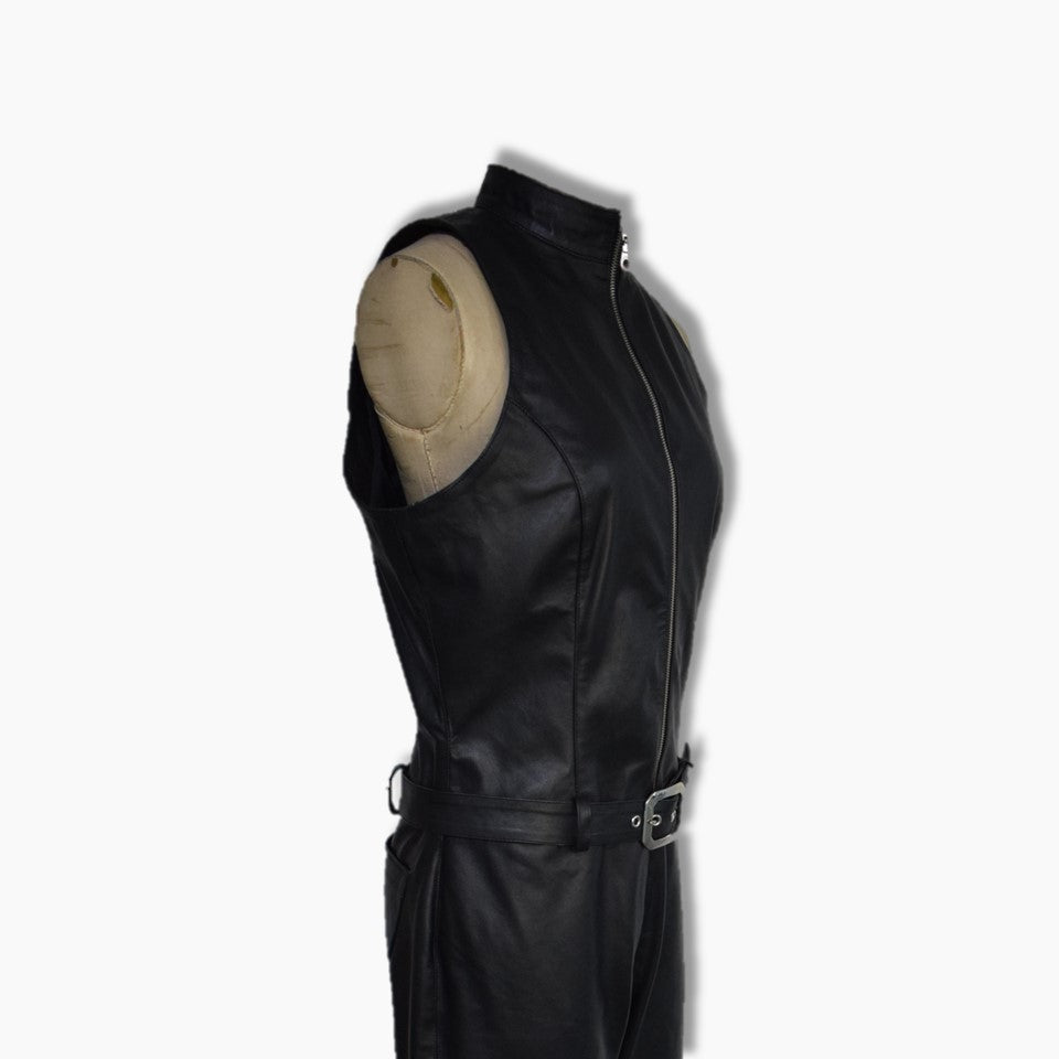 Black leather sleeveless jumpsuit with belt