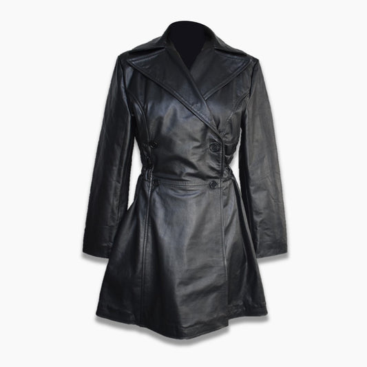 Real Leather A-Line Frock Style Black Dress Long Sleeves