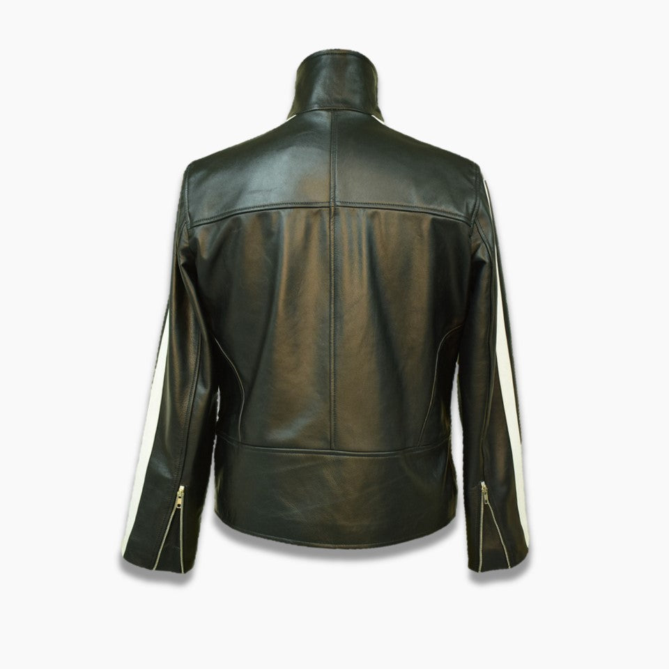 Black leather biker jacket with turtle neck and white stripes on sleeves