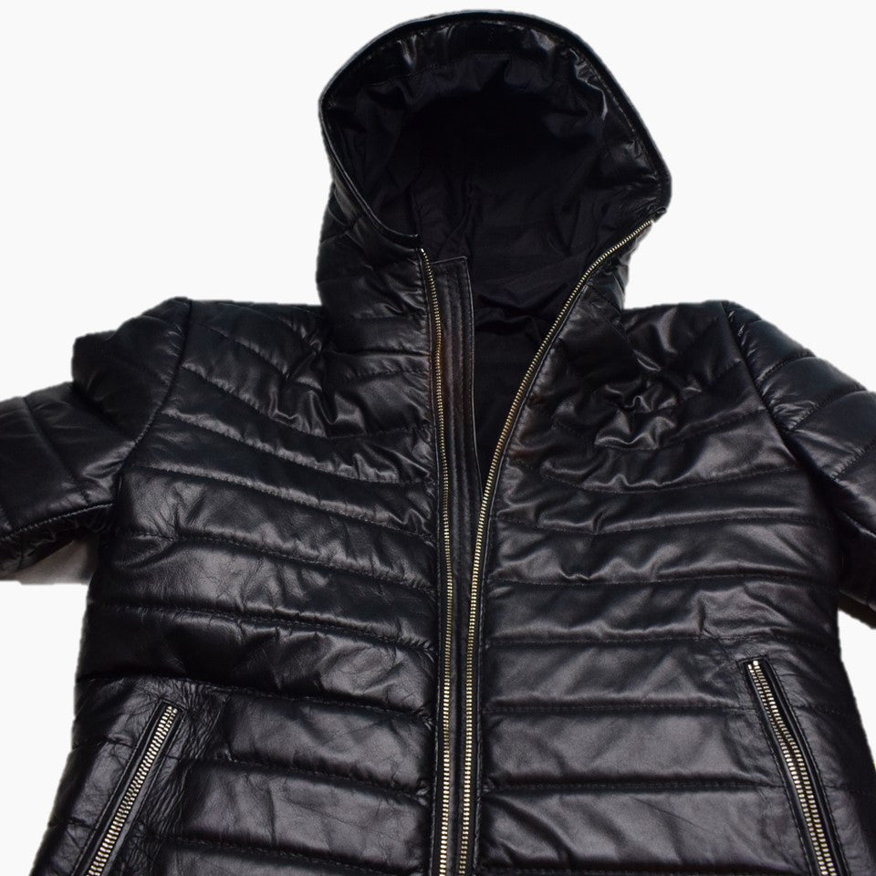 Mens Black Hooded Leather Puffer Jacket Genuine Leather Handmade ...