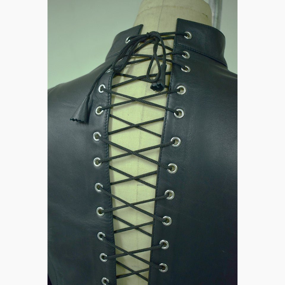 black leather corset bodysuit