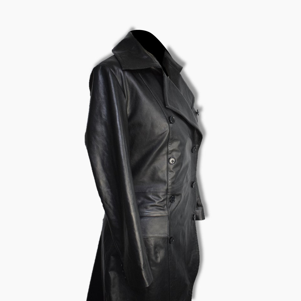Nathaly Black Leather Flare Coat