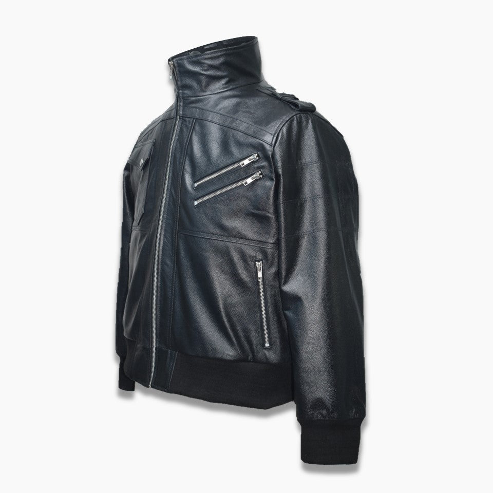 leather high neck bomber jacket