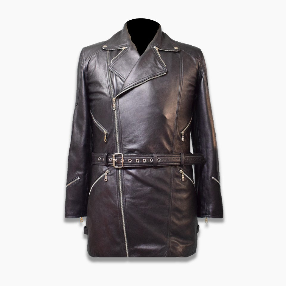 Dexter Black Leather Cross Zip Belted Jacket