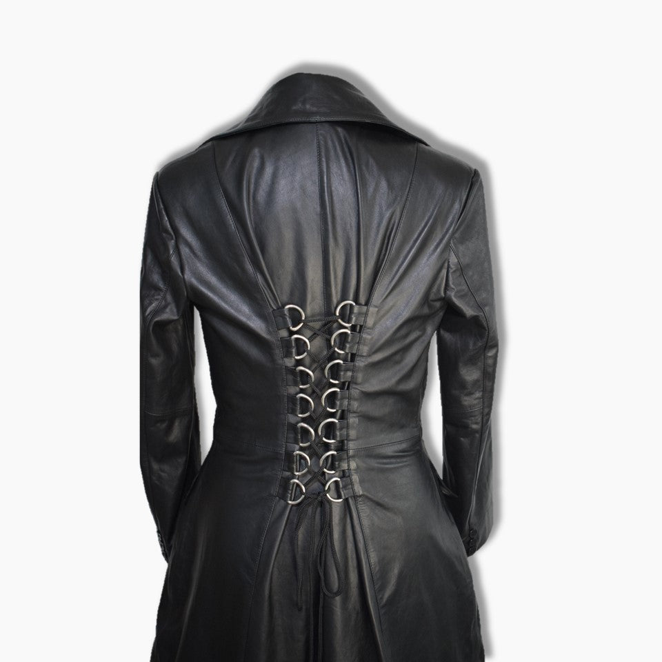 Nathaly Black Leather Flare Coat