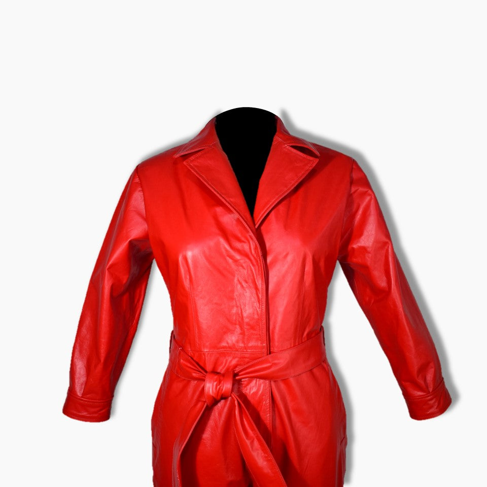 Michelle Red Leather Belted Catsuit