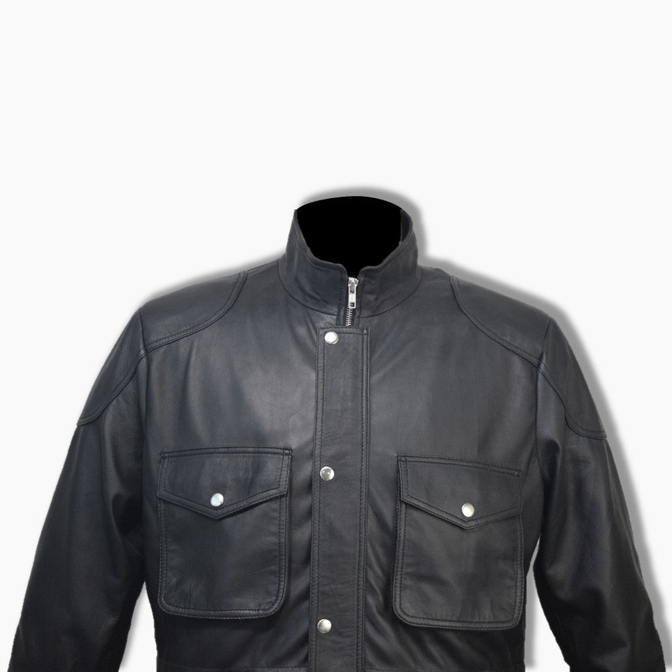 Denzel Black Leather Military Field Jacket