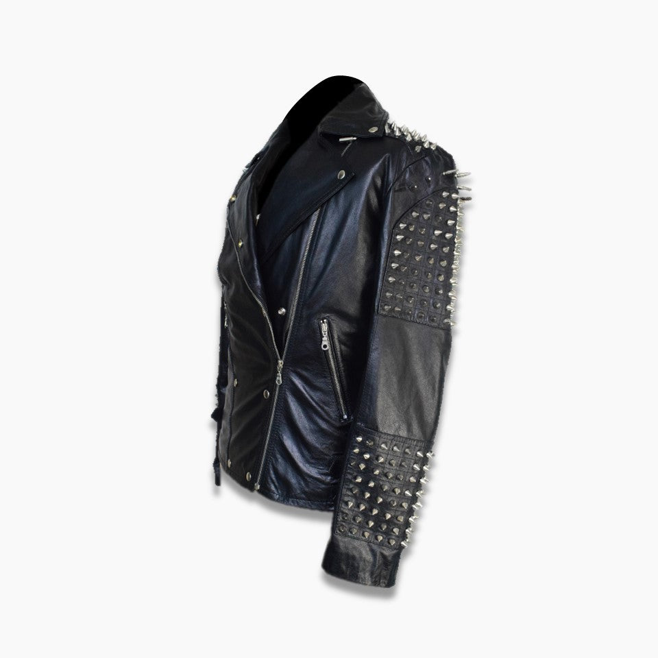Men Silver Studded Long Spiked Jacket Leather Black Rock Punk Style Jacket