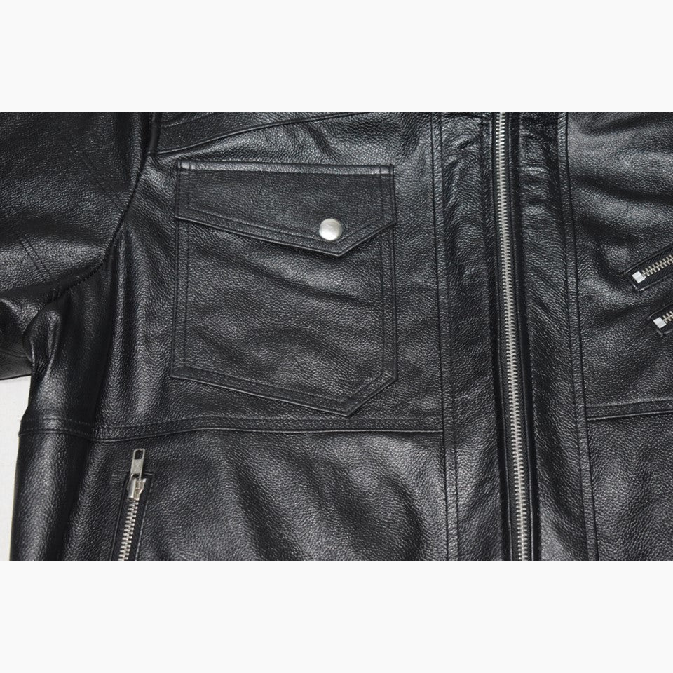 welt pocket with snap button flap on leather collar bomber jacket