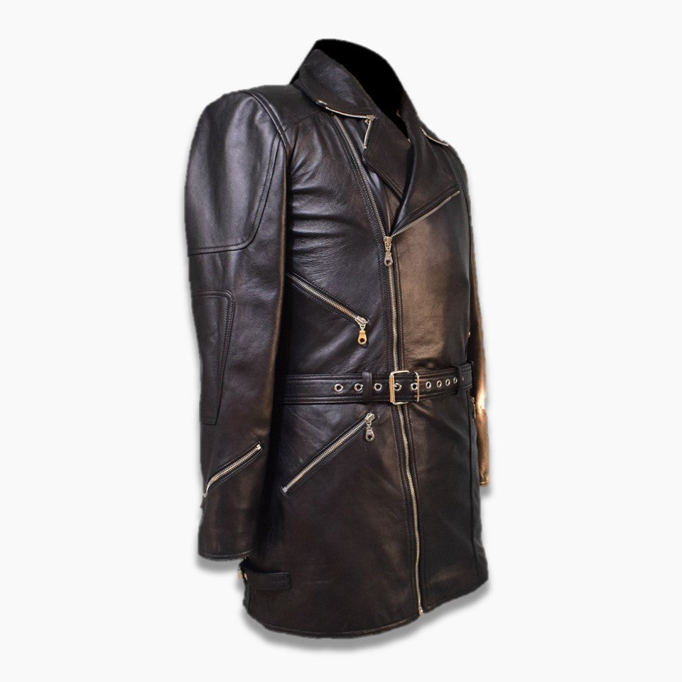Dexter Black Leather Cross Zip Belted Jacket