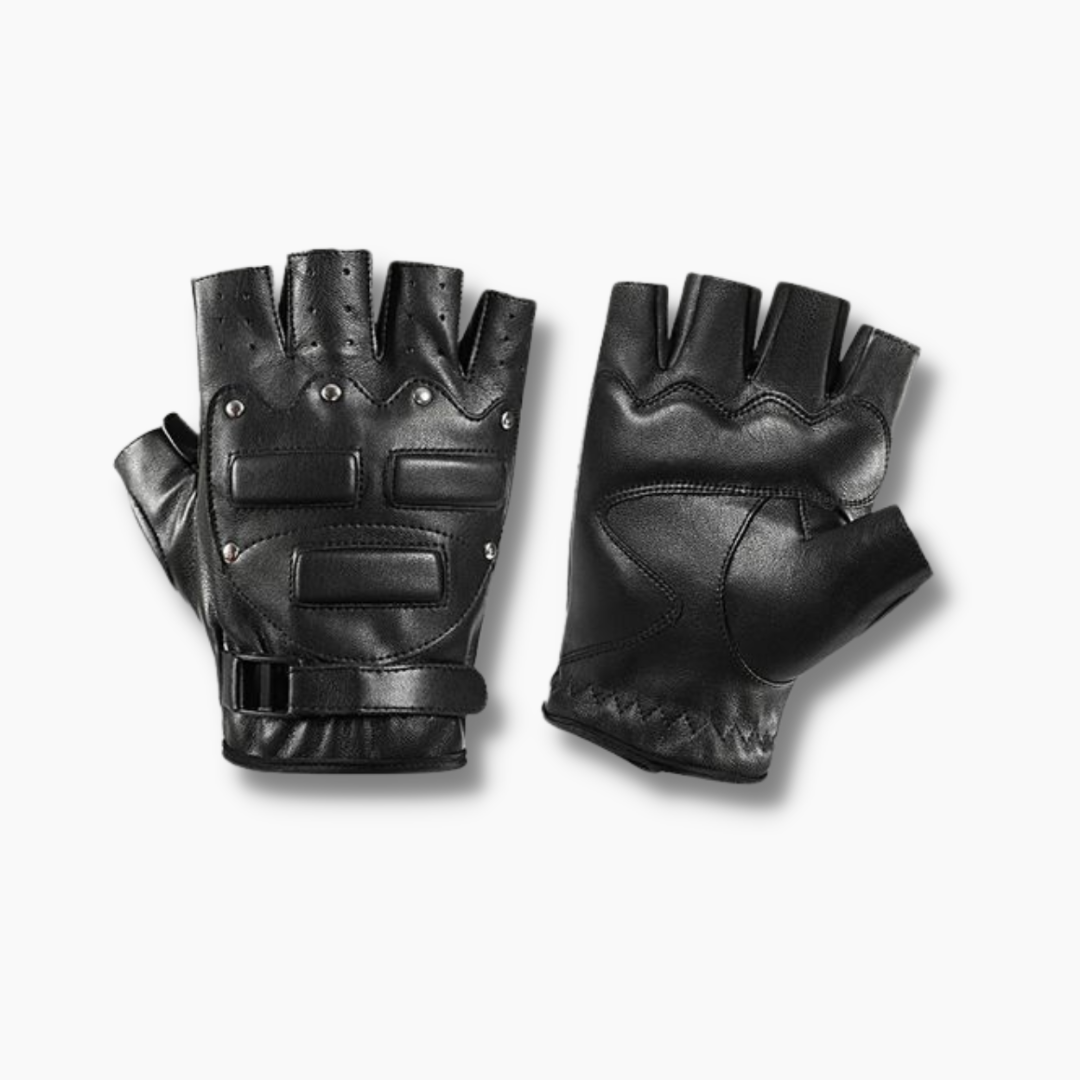 Studded Décor Leather Fingerless Gloves - Black