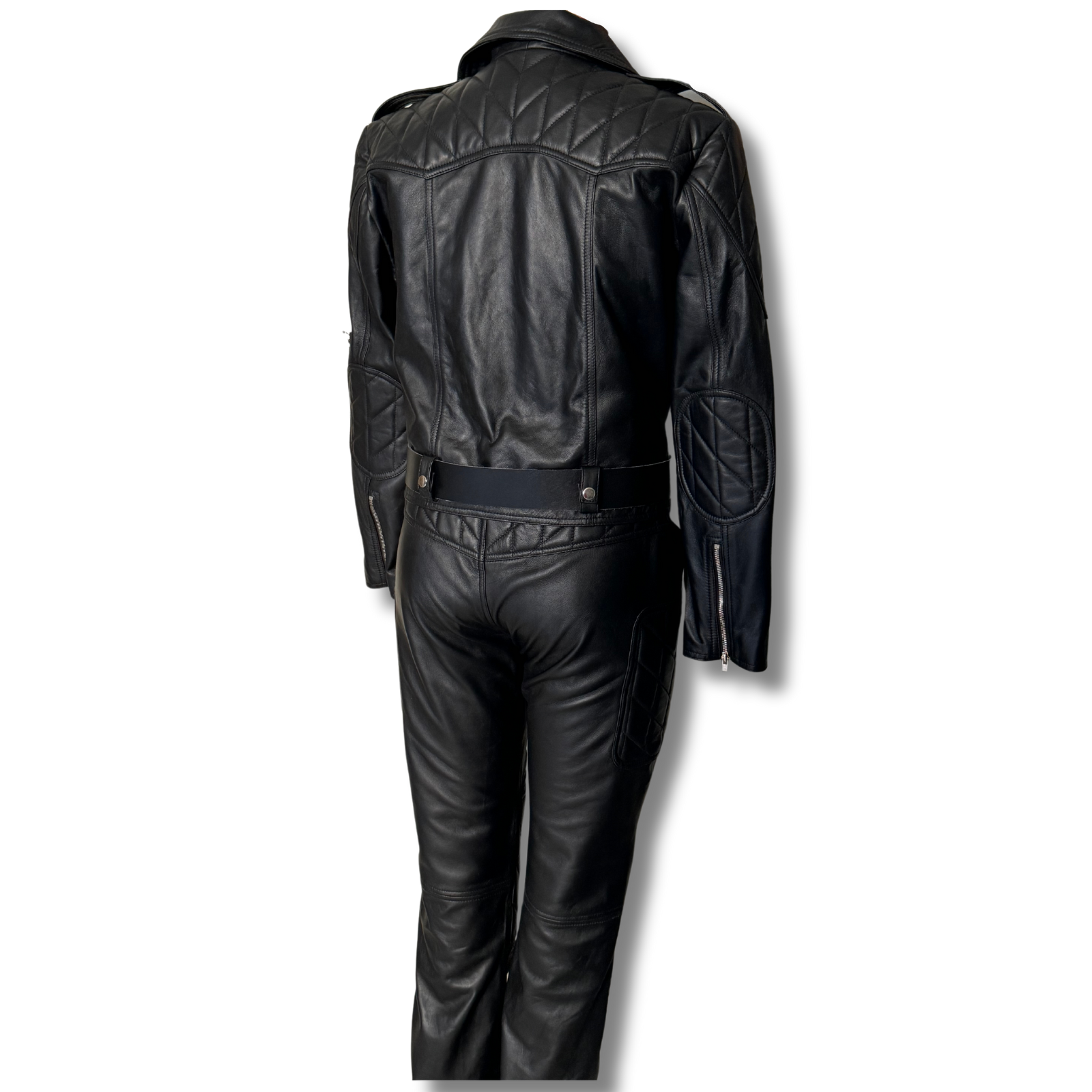 Discover our black genuine leather two-piece set featuring a lapel collar jacket with multiple body pockets and a waist belt, paired with pants that include front zipper pockets and quilted knee padding for extra protection. This durable, versatile, and timeless set combines style and functionality.