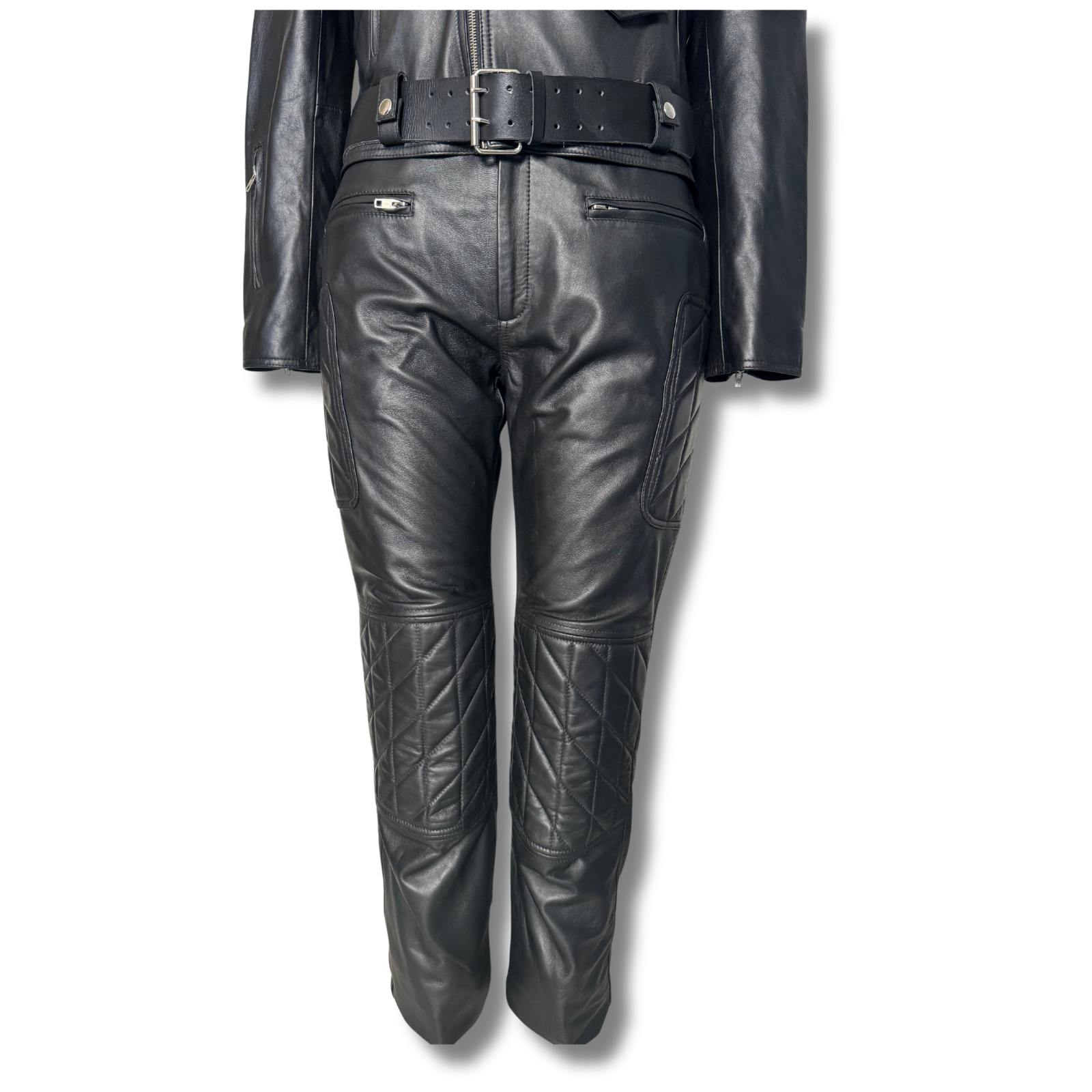 Discover our black genuine leather two-piece set featuring a lapel collar jacket with multiple body pockets and a waist belt, paired with pants that include front zipper pockets and quilted knee padding for extra protection. This durable, versatile, and timeless set combines style and functionality.