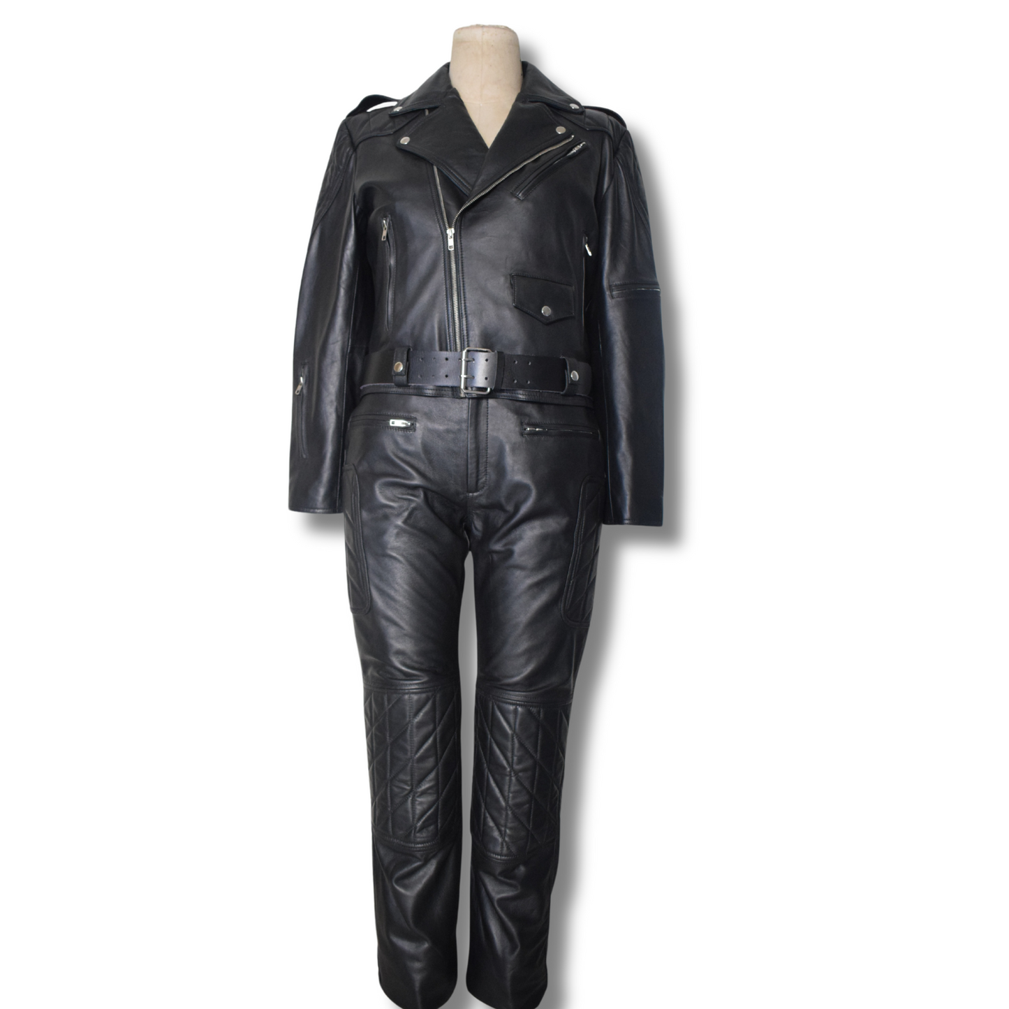 Discover our black genuine leather two-piece set featuring a lapel collar jacket with multiple body pockets and a waist belt, paired with pants that include front zipper pockets and quilted knee padding for extra protection. This durable, versatile, and timeless set combines style and functionality.