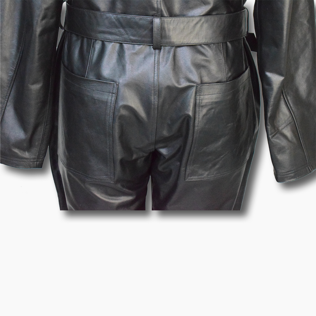 Jean Black Leather Jumpsuit with Belt