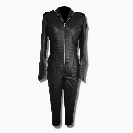 Black Leather Quilted Jumpsuit for Women 