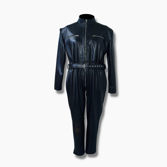 Women Genuine Leather Classic Biker Jumpsuit With Belt/ Black Overall One Piece