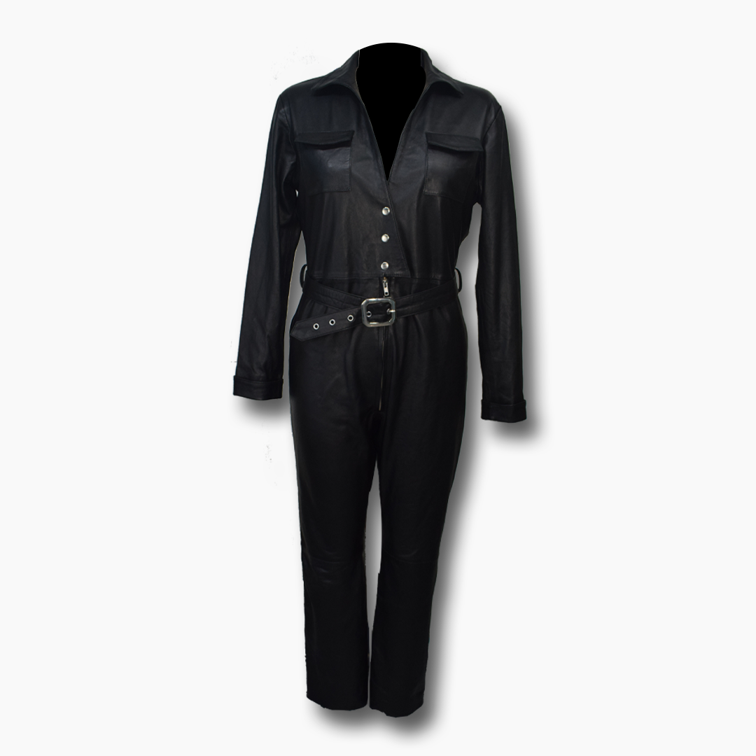 Marilyn Black Leather Jumpsuit with Belt