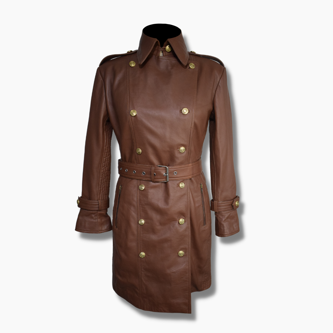 brown leather trench coat womens