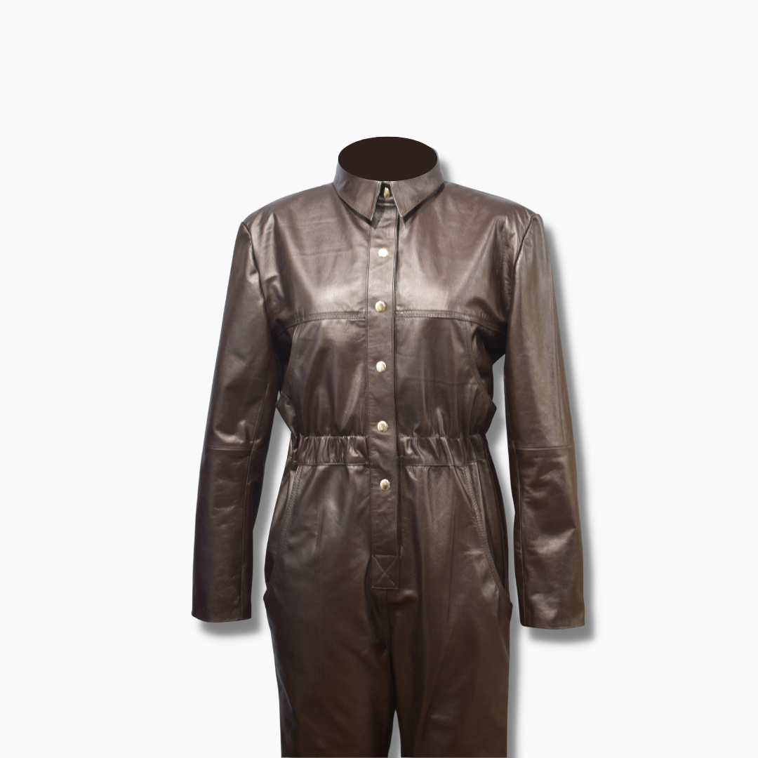 Trixie Brown Leather Buttoned Jumpsuit