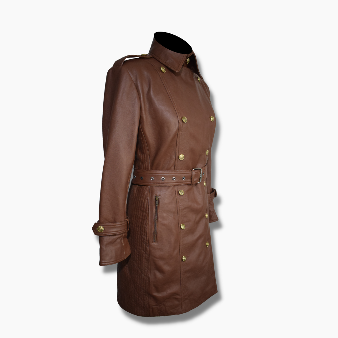 brown leather trench coat outfit